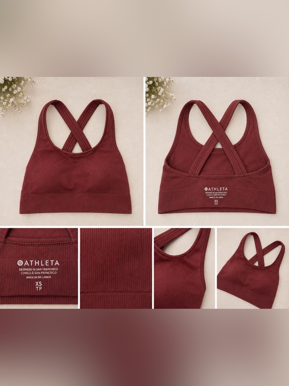 Athleta Ribbed Crossback Sports Bra Maroon Seamless Burgundy Athleisure XS